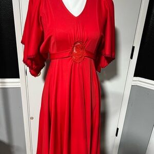 Chic Scarlet Midi Dress with Embellished Waist